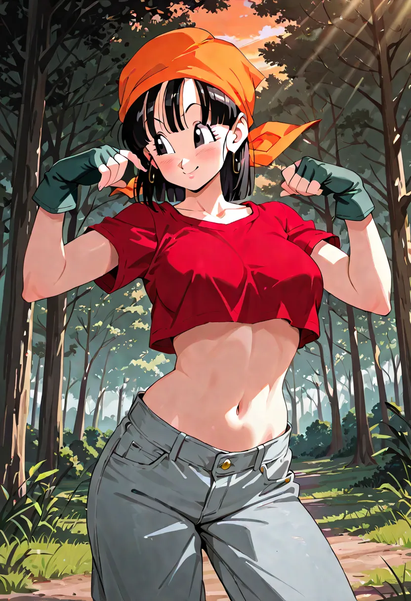 score_9, score_8, BREAK, solo, 1girl, (pan from dragon ball GT), high quality best quality, (high detail), adorable face, orange bandana, short sleeves red crop top, grey jeans, grey fingerless gloves, stomach exposed, navel, adult woman, mature woman, bre...