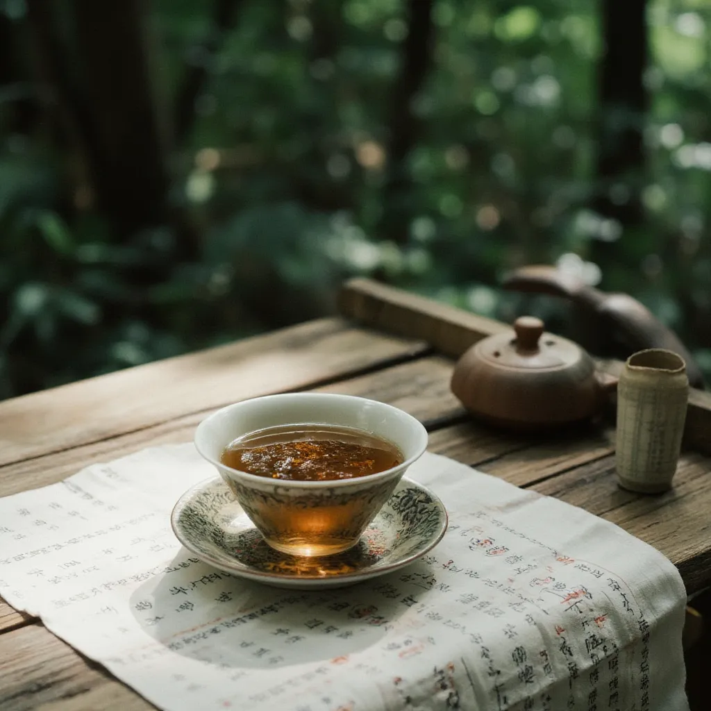 forest background, A cup of very black clear herbal medicine in a small bowl, a teapot, A white paper tablecloth covered in small Chinese characters is spread out on top, masterpiece, best quality, detailed, high resolution, photorealistic