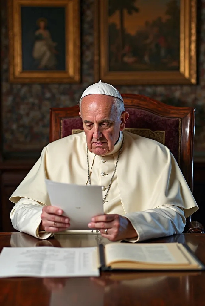 Pope Francis sitting in an elegant office with dark wood furniture, holding a document with both hands and looking at it seriously. He has a white solid and a crucifix hanging around his neck. On the table in front of him are more papers and an open folder...