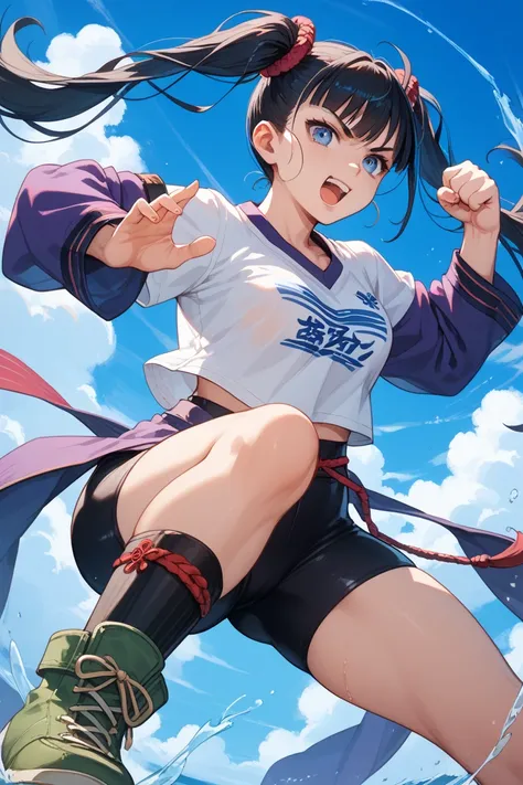 "A fierce and confident young martial artist with long black hair tied in twin pigtails, wearing a white t-shirt with purple sleeves, black spandex shorts, and green boots. She has a determined expression, standing in a dynamic fighting pose, with a bright...