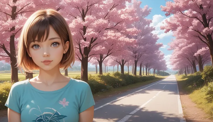 Girls stand on the road、A row of cherry blossom trees beside the road，close-up，Half Body