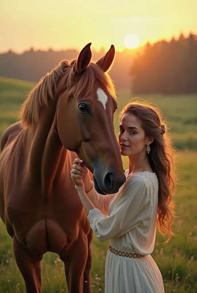 Her horse neighs softly, sensing the importance of the moment, standing loyally beside her.