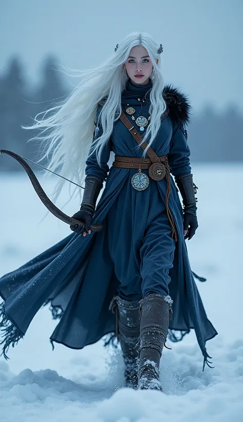 A tall and slender woman , of a lethal grace. His skin is pale as freshly fallen snow, but hardened by icy winds. Her silver eyes reflect the glare of the moon on the tundra, cold and imperturbable.

His hair, long and white with blue reflections on the ti...