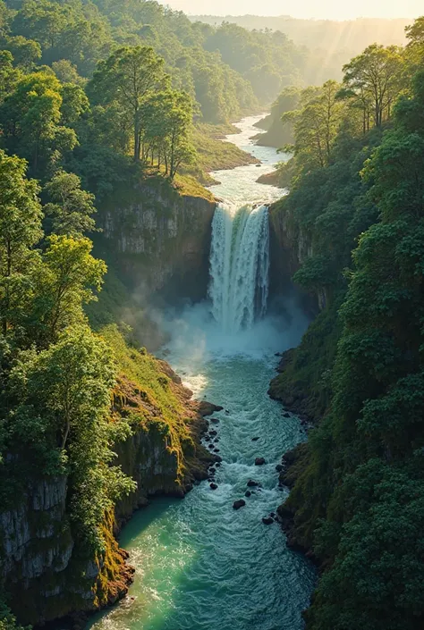 Create a video of a quick aerial drone shot of a forest, river and waterfall