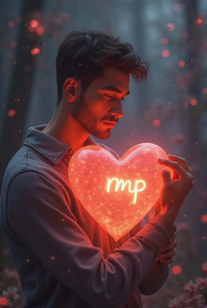 A man cuddling a heart with a text "RMP" 