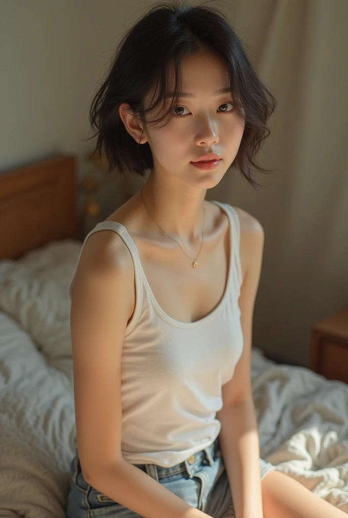 Full body Beautiful Chinese woman age 18, short hair and cup A, with out makeup ,wearing a tank top and shorts, against background of bed room