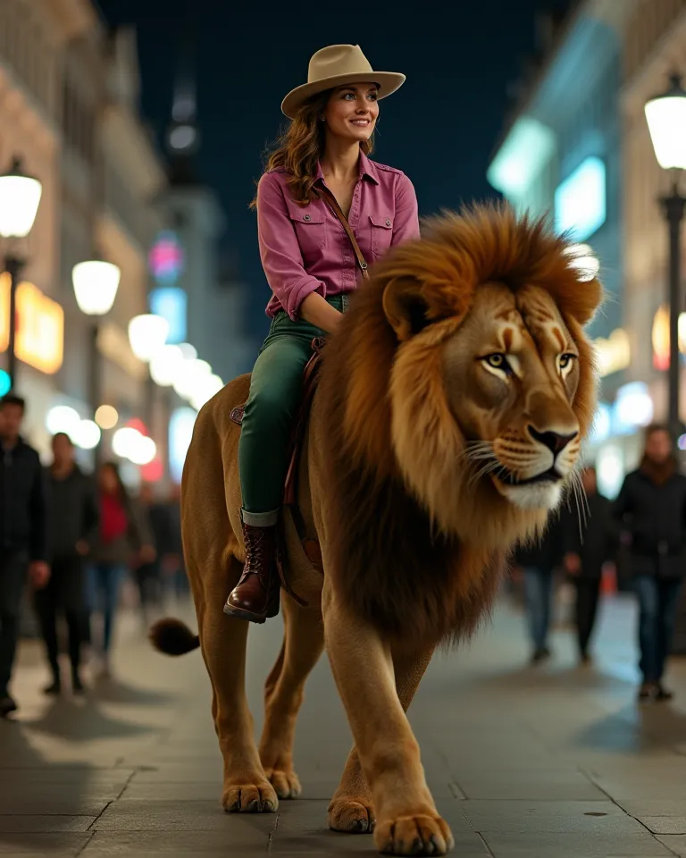 Create a REALISTIC HD 8K PHOTO image, Where can you see a beautiful woman wearing a hat with green denim pants and a fuchsia shirt and high boots riding a lion 4 times larger, very muscular and with an abundant mane, they come walking through the center of...