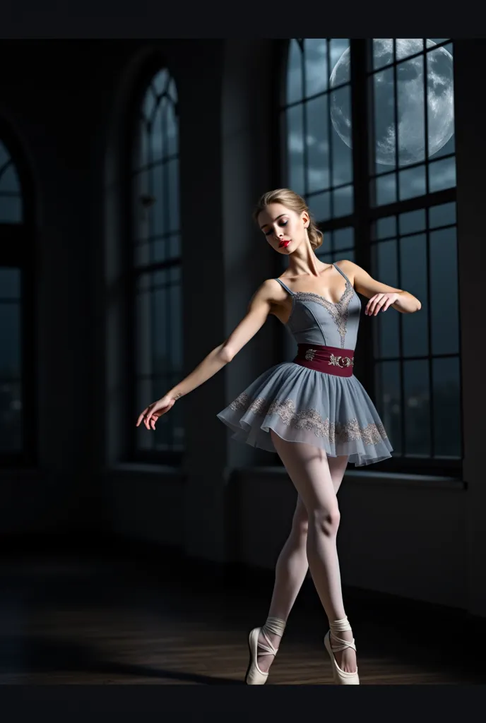  A poetic and visually captivating scene. The picture shows a beautiful blonde Russian dancer , medium breasts with delicate makeup and light eyes, wearing a grey lace dress (The dress has petal designs and a short skirt). She is dancing ballet alone in a ...