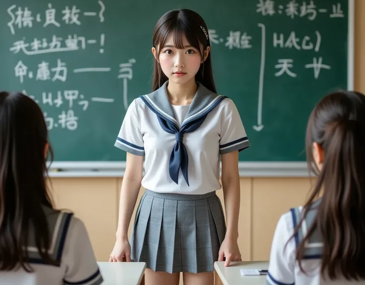 A realistic android transfer student wearing a sailor uniform is standing in front of the blackboard in the classroom and introducing herself. Her body is a flesh-colored glossy PVC skin. All of her classmates are human girls wearing blazer uniforms, Ultra...