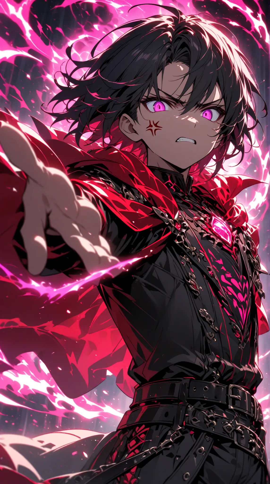 Anime-style portrait of a young, male character, likely -aged, with a determined expression.  Dark, vibrant black hair, styled in a slightly tousled fashion with dark roots and slightly lighter highlights.  His eyes are a striking red, intensely focused an...