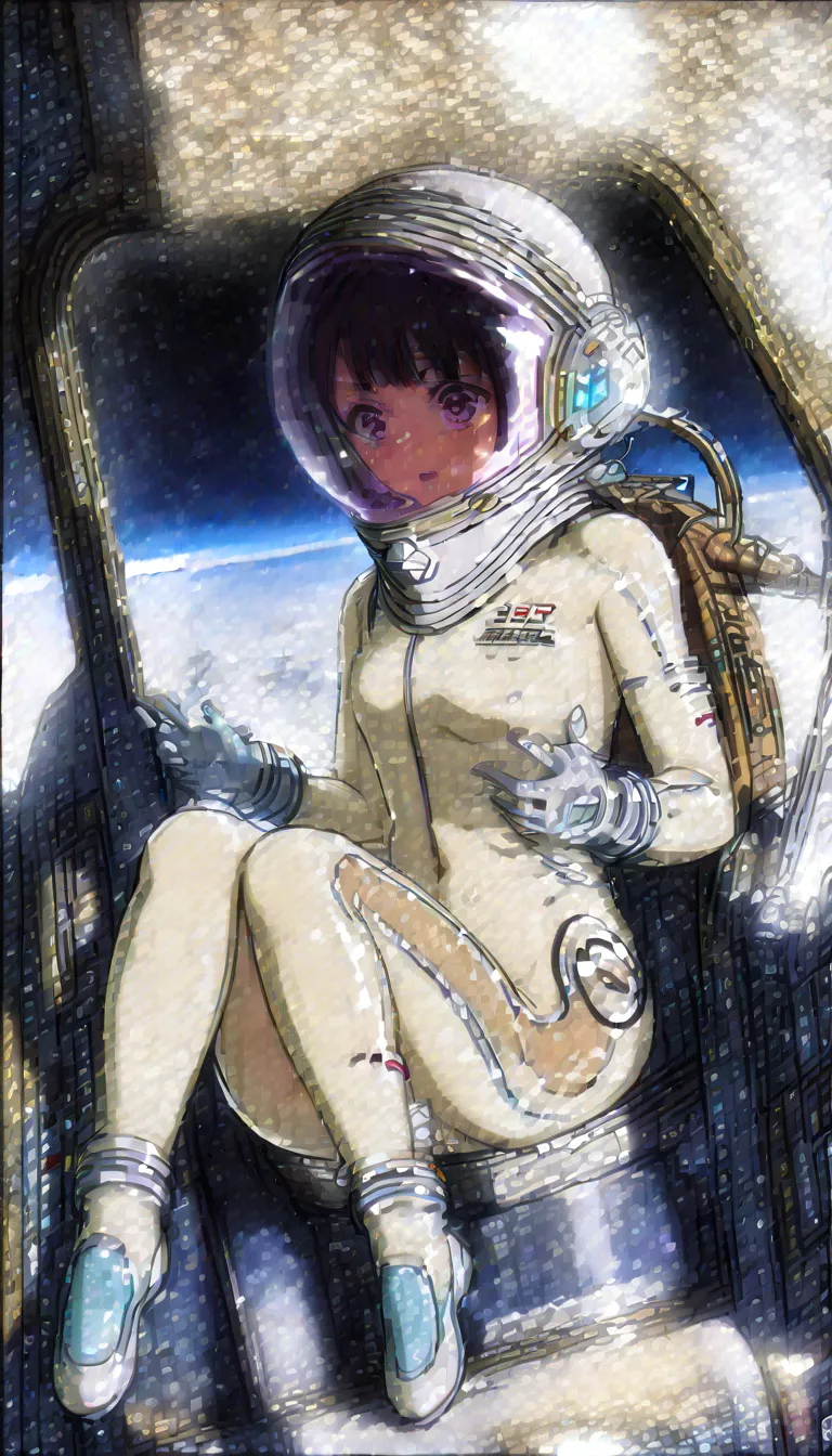 1人of女of子,alone, short hair,(Space Suit:1.15), Black Hair Space Helmet ,full body, indoors, masterpiece of the highest quality,  is shaking, I only saw one side of the , bodysuits,Lumine ,   bubble helmet  ,  short hair,  backpack,gloves,,internal ( cockpit...