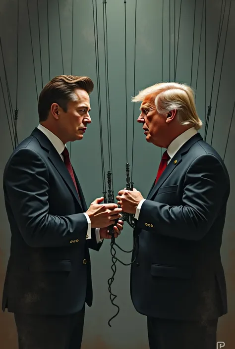 Image with the figure of Elton Musk handling a small puppet with wires with the figure of Donald Trump 