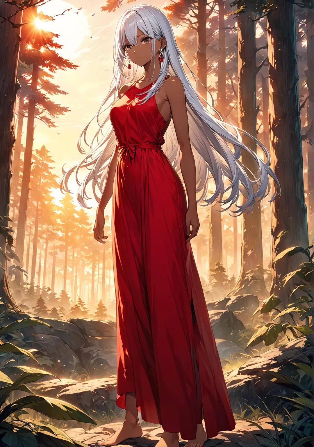 ultra detailed, official art, tanned skin, straight hair, long hair, curi inside hair, white hair, expressionless, medium breasts, many earrings, armpit, bare shoulder, bare arms, bare foot, standing, full body, sunrise,dawn, warrior, maxi red dress, outdo...