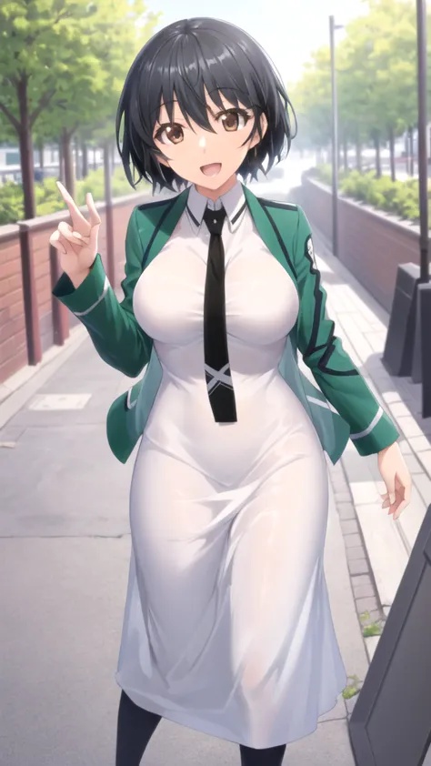 masterpiece, best quality, high quality, girl, solo, looking at viewer, ichika_orimura, black hair, brown eyes, large breasts, school uniform, magic_high_school_uniform,green jacket,white dress,black necktie, standing, smile, open mouth, outdoors