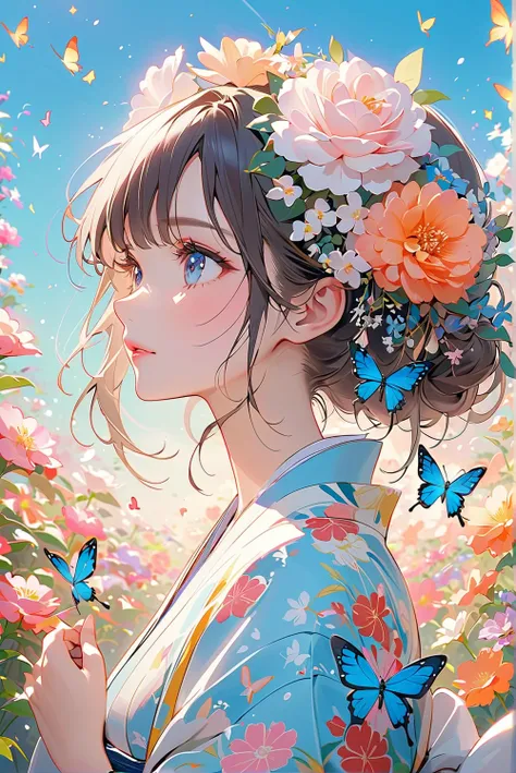 Young and beautiful woman in kimono, beautiful traditional Japanese floral pattern embodied in kimono, bright colors, colorful flower field, blue sky, anime art,　Masterpiece High Resolution Beautiful girl profile Transparent flowers approaching face with b...