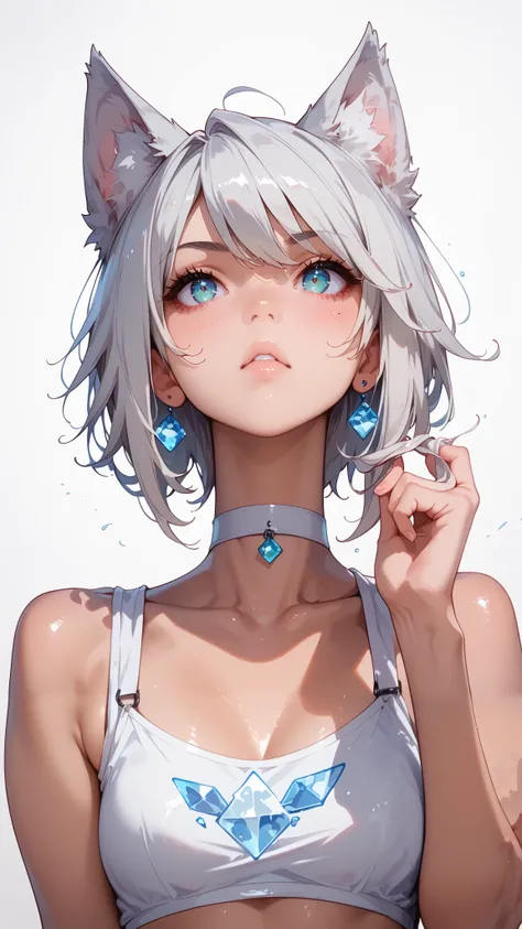 Anime wolf girl sporting a crisscross strap bralette (neon-pink) with a choker, standing in a powerful contrapposto pose. One hand gripping her tail, the other pulling her hair to expose her neck, hips thrust forward. Extreme low angle amplifying her domin...