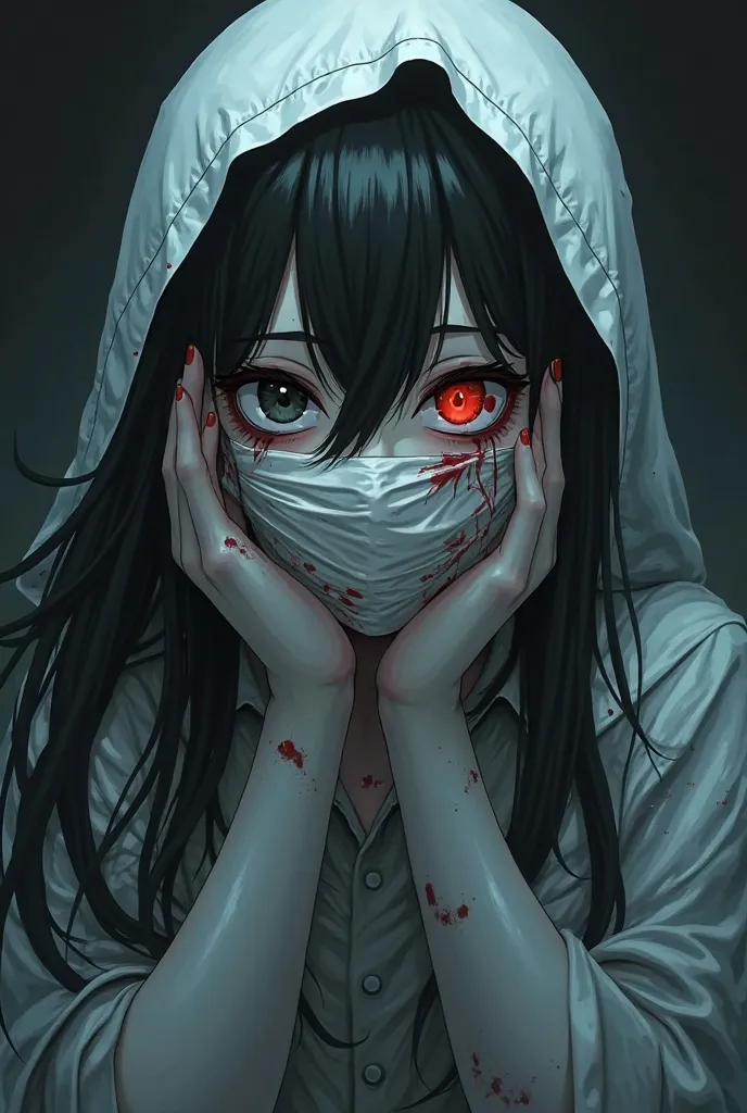 Skin bondage that conceals the face、Hands next to face、Ominous Smile、anime girl, scar on eye,   real、 imaginary、 black hair、 sagitales、long hair、