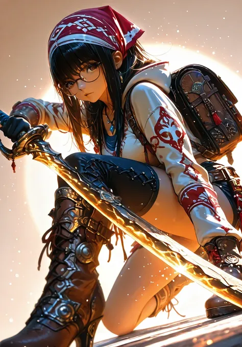 monster_hunter_wilds_alma, mnstrhntrwldslm, monster hunter \(series\), monster hunter \(character\), monster hunter wilds, 1girl, backpack, bag, black hair, book, boots, brown eyes, brown footwear, glasses, hood, hood down, jewelry, necklace, lips, long ha...