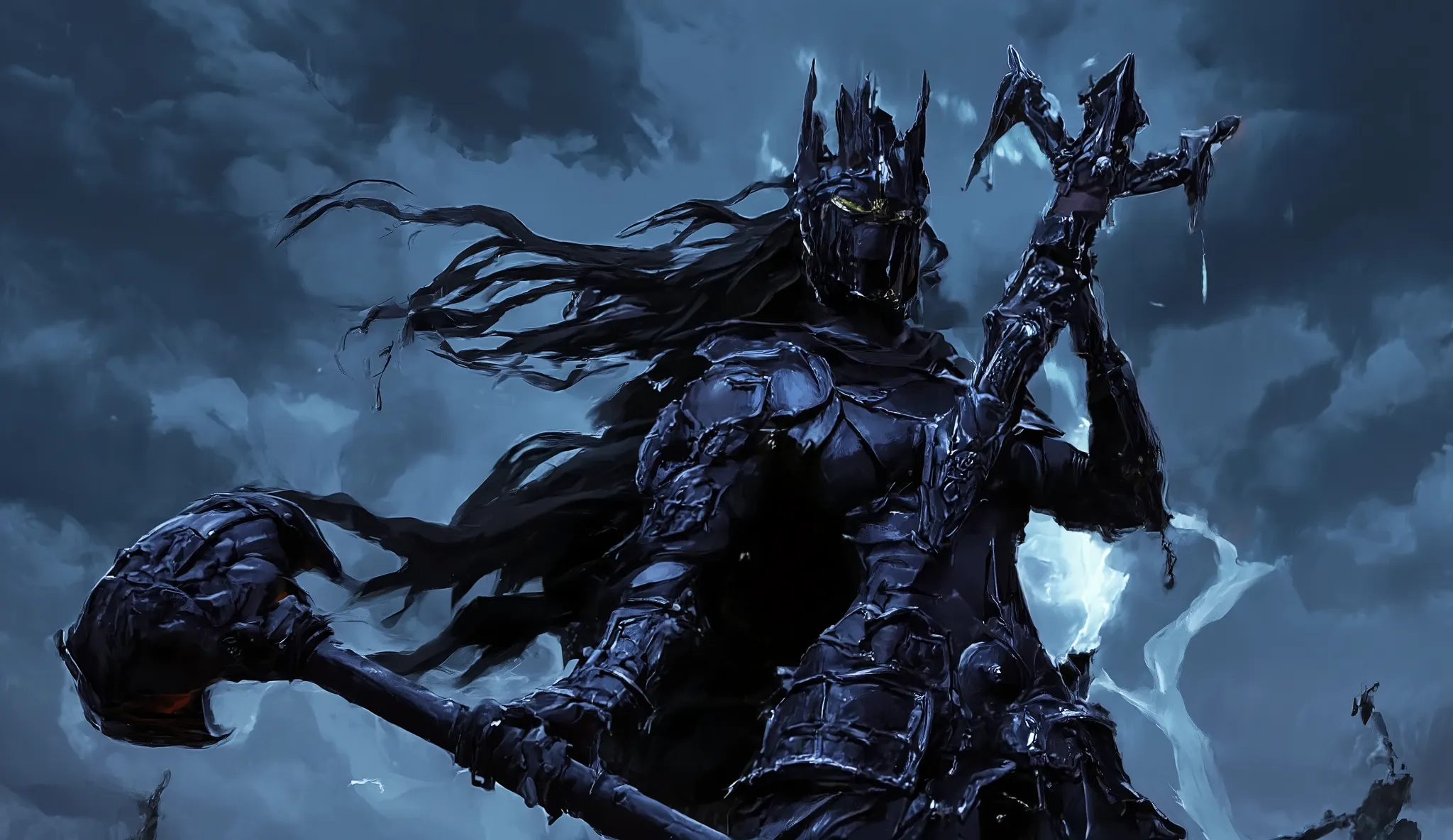 In anime style, a towering dark queen stands imposingly, wearing night-black armor that glows with a cold metallic shine. Her face is completely covered by a sleek, black mask integrated into her helmet, which is shaped like a dark, gothic castle with smal...