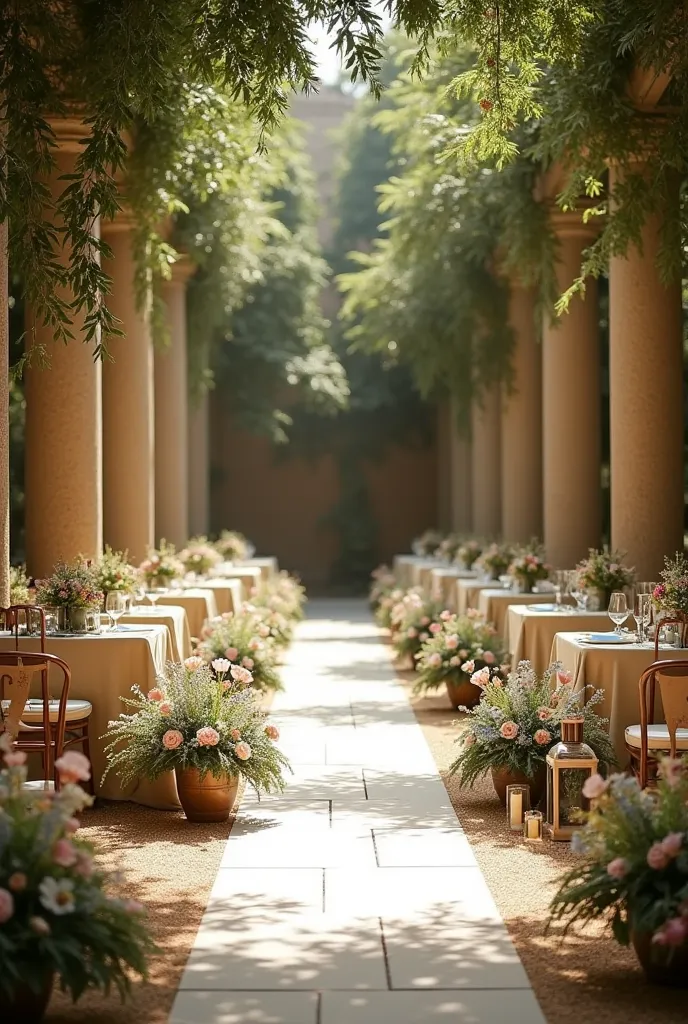 color palette
 - Main colors: cream , olive green and gold.

 - Details: pale pink and light blue.

 2. Ceremony
 - Central Hallway:

 - Jute or sisal carpet for a rustic touch.

 - Wooden or vases wild flowers and vegetables.

 - Wrought iron lanterns alo...