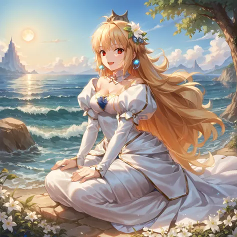 1girl, solo, (arc_1:1.2), long hair, red eyes, (slit pupils:1.1), very long hair, antenna hair, bangs, hair intakes,  dress, detached sleeves, breasts, gloves, blonde hair, bare shoulders, blonde hair, cleavage, detached collar, white gloves, strapless dre...