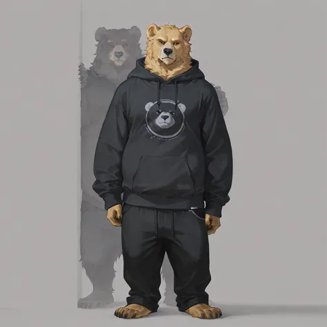 Tall,alone, 1 Bear, blonde fur,black hoodie , black sweatpants,large sweatpants,standing upright, front view, looking at viewer, full body, full white background