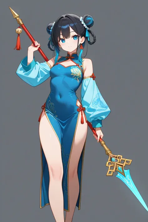 Multi-colored hair Chinese dress holding a spear, simple background, high definition, blue balls buried in the navel