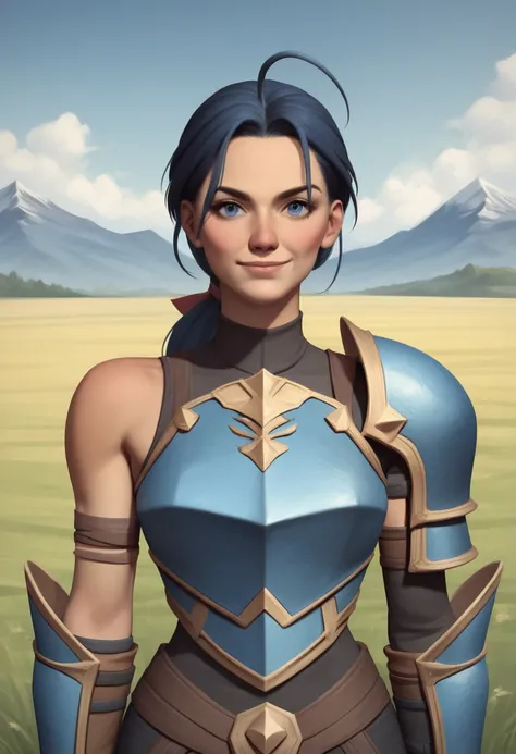 masterpiece, best quality, 1girl, solo, vcimca, dark blue hair, low ponytail, long hair, ahoge, dark blue eyes, hair ribbon, shoulder armor, blue armor, black turtleneck, puffy sleeves, gauntlets, asymmetrical gloves, upper body, looking at viewer, serious...