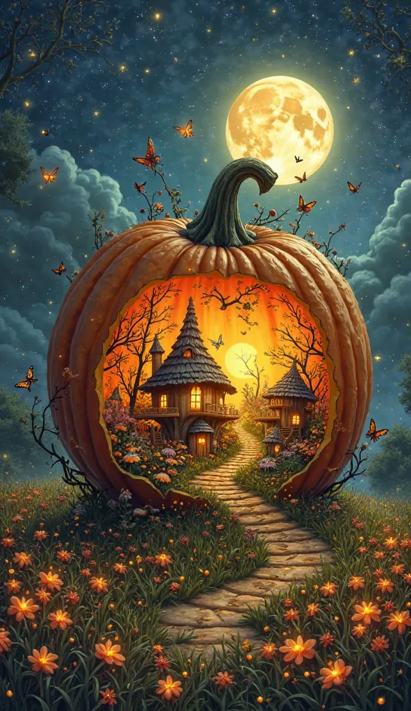 Imagine an enchanted village inside a giant pumpkin, where little magical beings ( like elves and fairies ) live in little houses made of mushrooms and leaves. The pumpkin is illuminated by warm and cozy lights, with details such as spiral staircases, stic...