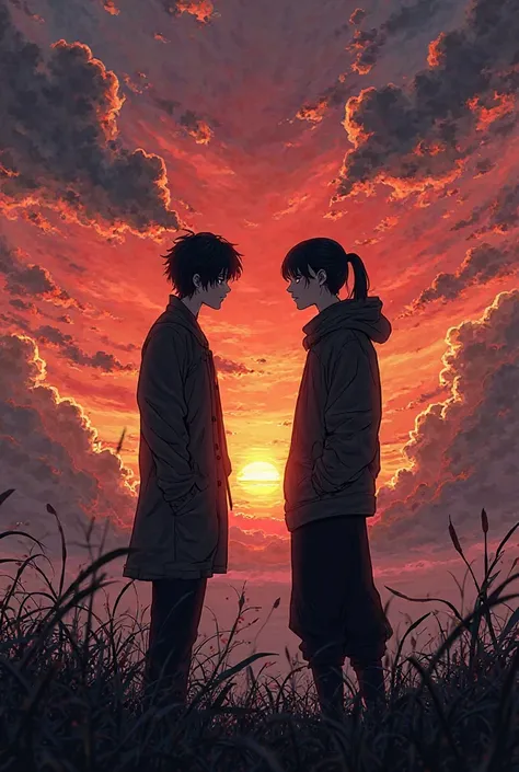 Create a manga image at sunset with two black shadows of two men divided by a line