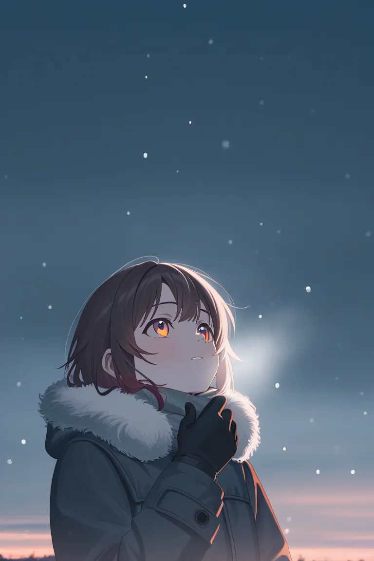 a boy looking up at the sky,  the snow falling softly on your face, Your warm eyes looking up at the sky, Horizontal view, cold suit