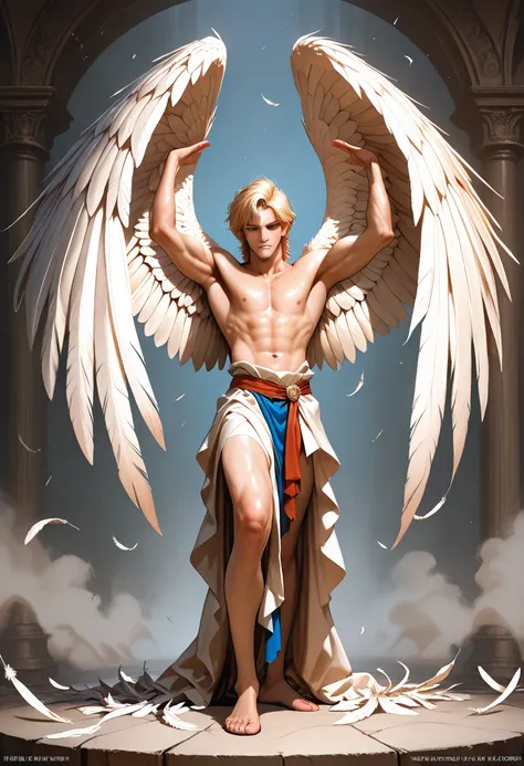 arafed man with wings and  in a pose, inspired by Roberto Ferri, full body made of white feathers, inspired by Herb Ritts, very very roberto ferri, winged human, feathered wings, made of feathers, winged boy, nick knight, covered in feathers, inspired by R...