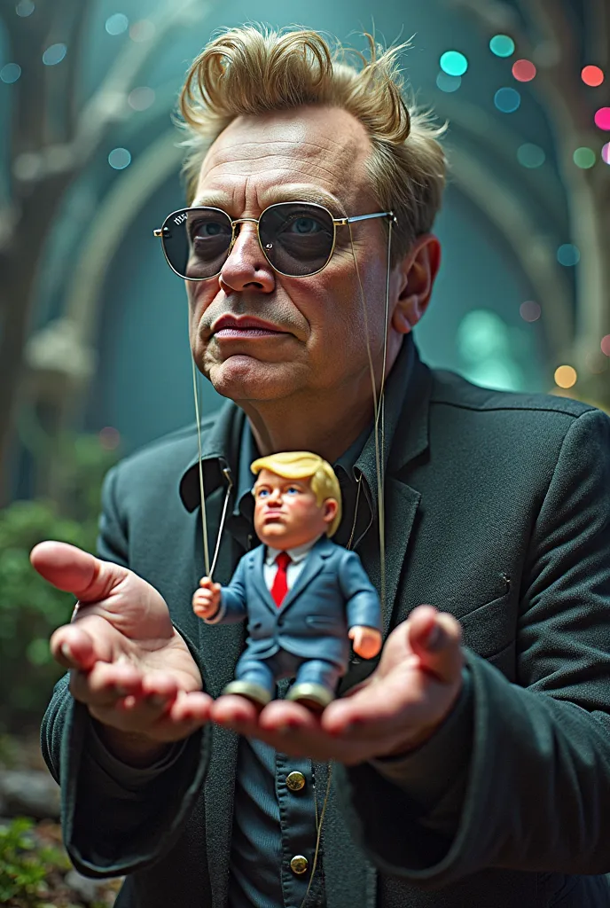 Image with the figure of Elton Musk handling a small puppet with wires with the figure of Donald Trump with one hand 