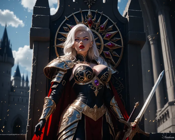 Attractive female elven warrior, huge breasts, Long white hair, purple eyes, Super Detailed, High Resolution, armour, Jewelry, castle throneroom,  red lipstick, pointed ears, holding a greatsword