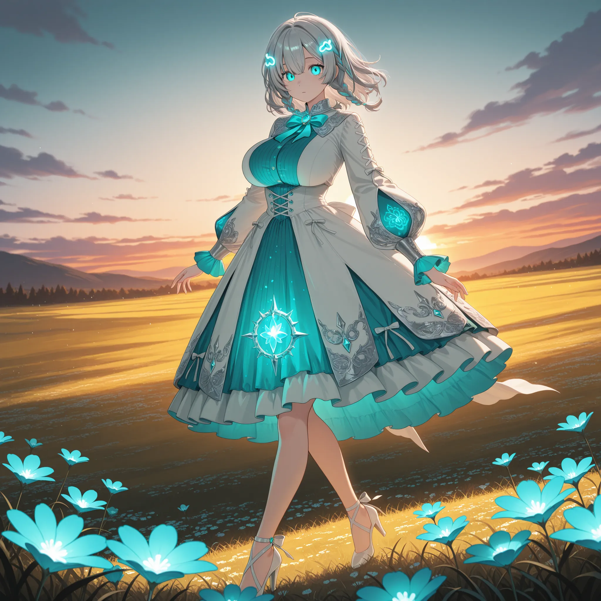 1 girl, silver medium hair with two laced braids, glowing hairclips, big breasts, turquoise eyes, wears a medium ruffled white dress with aquamarine details and long sleeves, bowtie with a glowing turquoise gem, thick tighs, white heels, walking in a meado...