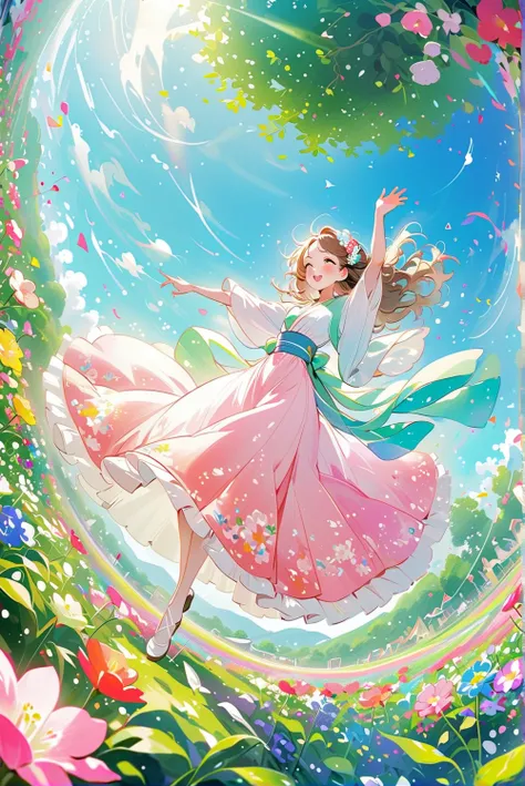 anime　Ultra-detailed, absolute resolution, a masterpiece.
Beautiful woman dancing in a colorful pastel-colored Hanfu.
Wide-angle aerial background of a flower field.
Wonderland world view.
A fusion of watercolor, acrylic and collage, conceptual installatio...