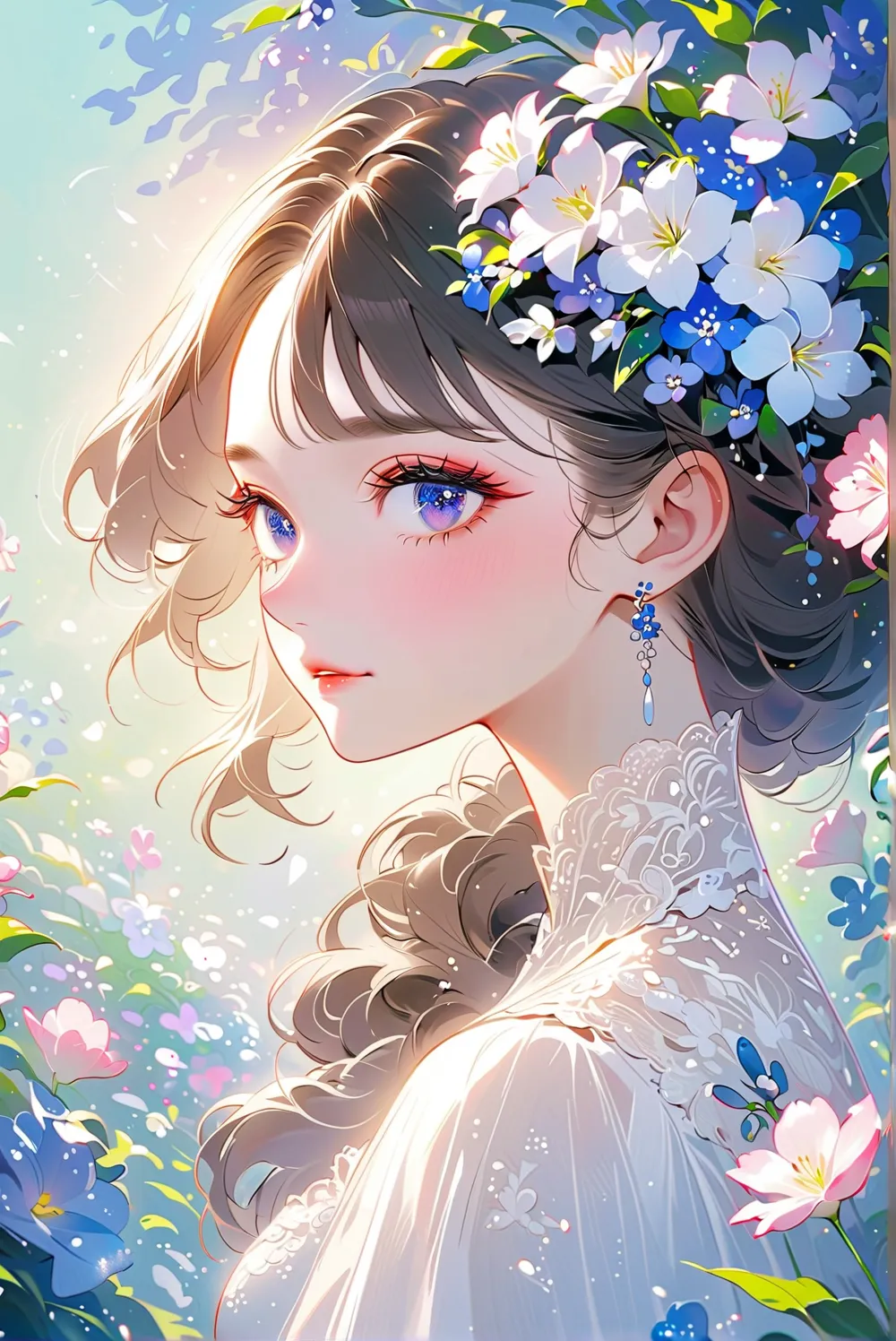 Masterpiece High resolution Beautiful girl profile Transparent flowers close to face with both hands Fantastic flower field Night Korean style makeup Mature Older sister Eye makeup