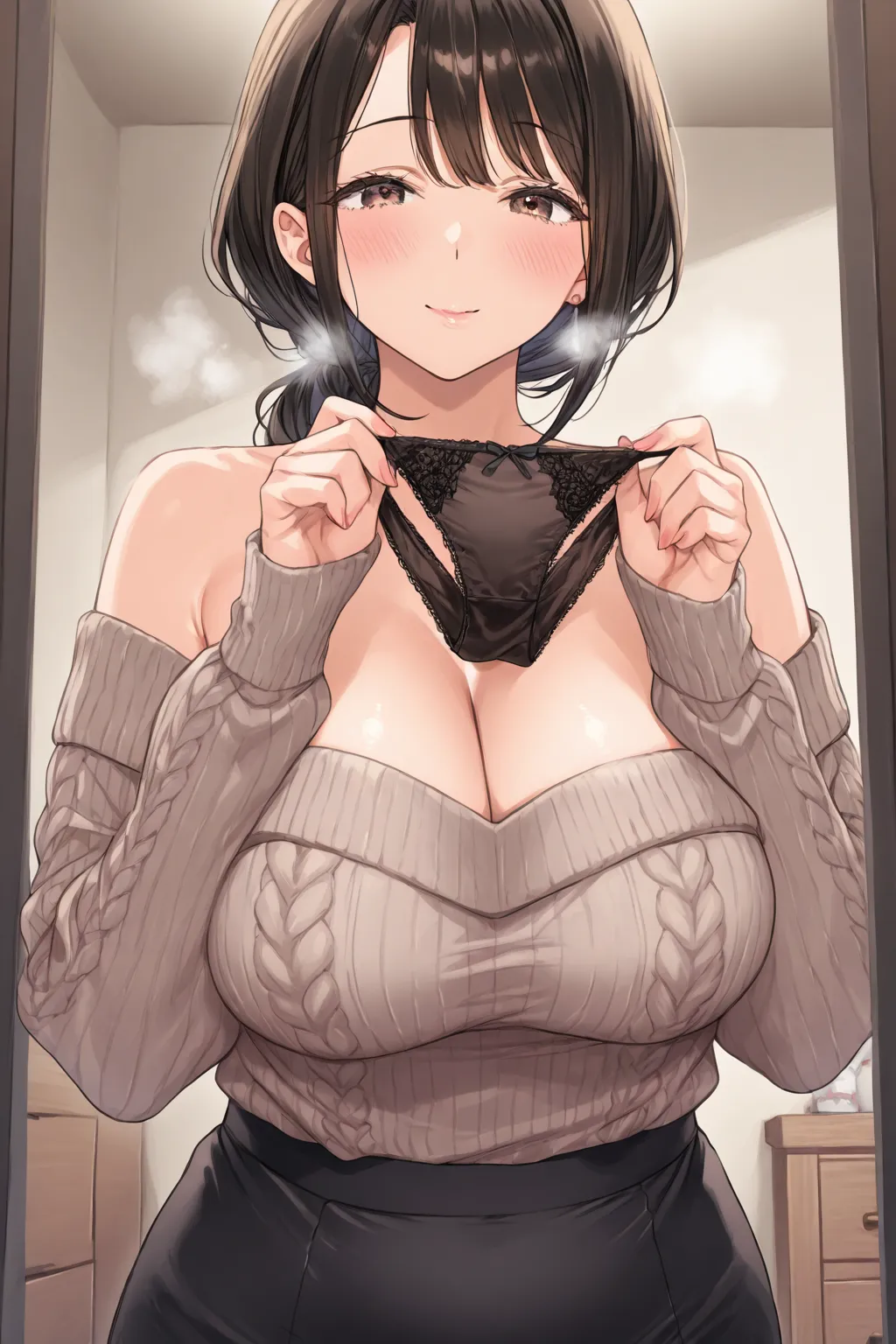 Mature Woman、mature woman、Married Woman、off-the-shoulder knit sweater with underwear on the lower body、tight skirt、big breasts outdoors at night、 girly room、chest of drawers、chest of drawersの引き出しが開いている、chest of drawersの中にはランジェリー、panties in hand、holding pan...