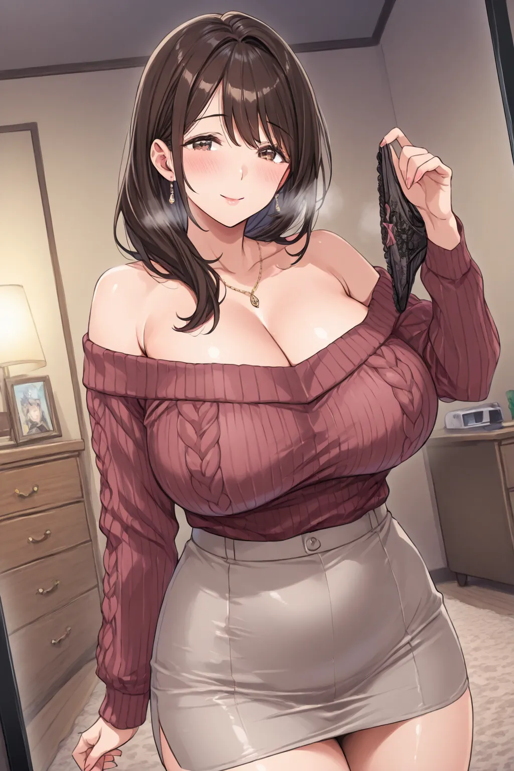 Mature Woman、mature woman、Married Woman、off-the-shoulder knit sweater with underwear on the lower body、tight skirt、big breasts outdoors at night、 girly room、chest of drawers、chest of drawersの引き出しが開いている、chest of drawersの中にはランジェリー、panties in hand、holding pan...