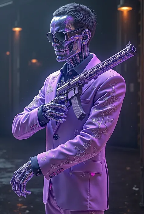 a close up of a person holding a gun with a light on it, a hologram inspired by James Bolivar Manson, cg society contest winner, holography, ingame image, holographic suit, wearing netrunner clothing, guy using the purple fancy suit, cyberpunk street goon,...