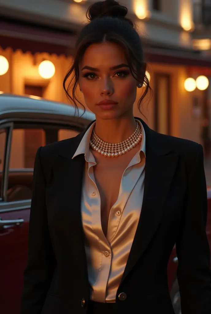 A rich Beautiful elegant girl getting out of brado jeep in black blazer over full shine silk white shirt and her neck with a beautiful pearl necklace and with backside a restaurant in night time 