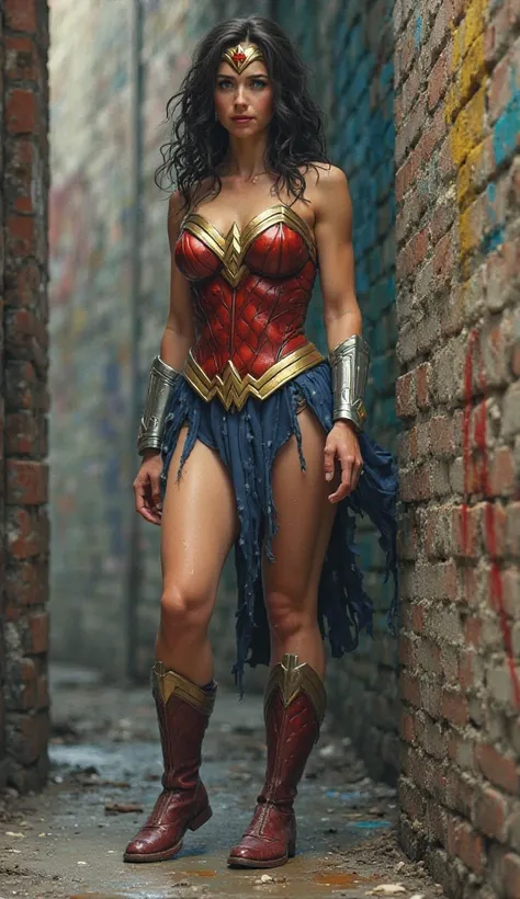 Wonder woman peeing on pants ,standing near a wall side street 