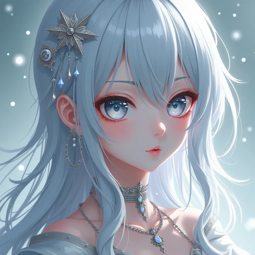 anime style noble silver hair silver eyes with silver jewelry