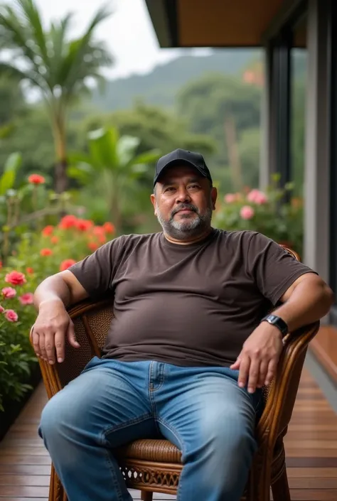 indonesian man,age 40,rather chubby ,  clean face  , wear a black sports hat  ,dark brown t-shirt,celana blue jeans, sitting leisurely on carved wooden chair  ,  focus to camera , modern house terrace background , lots of flowers around her