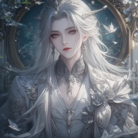 anime style nobleman silver hair silver eyes with silver jewelry