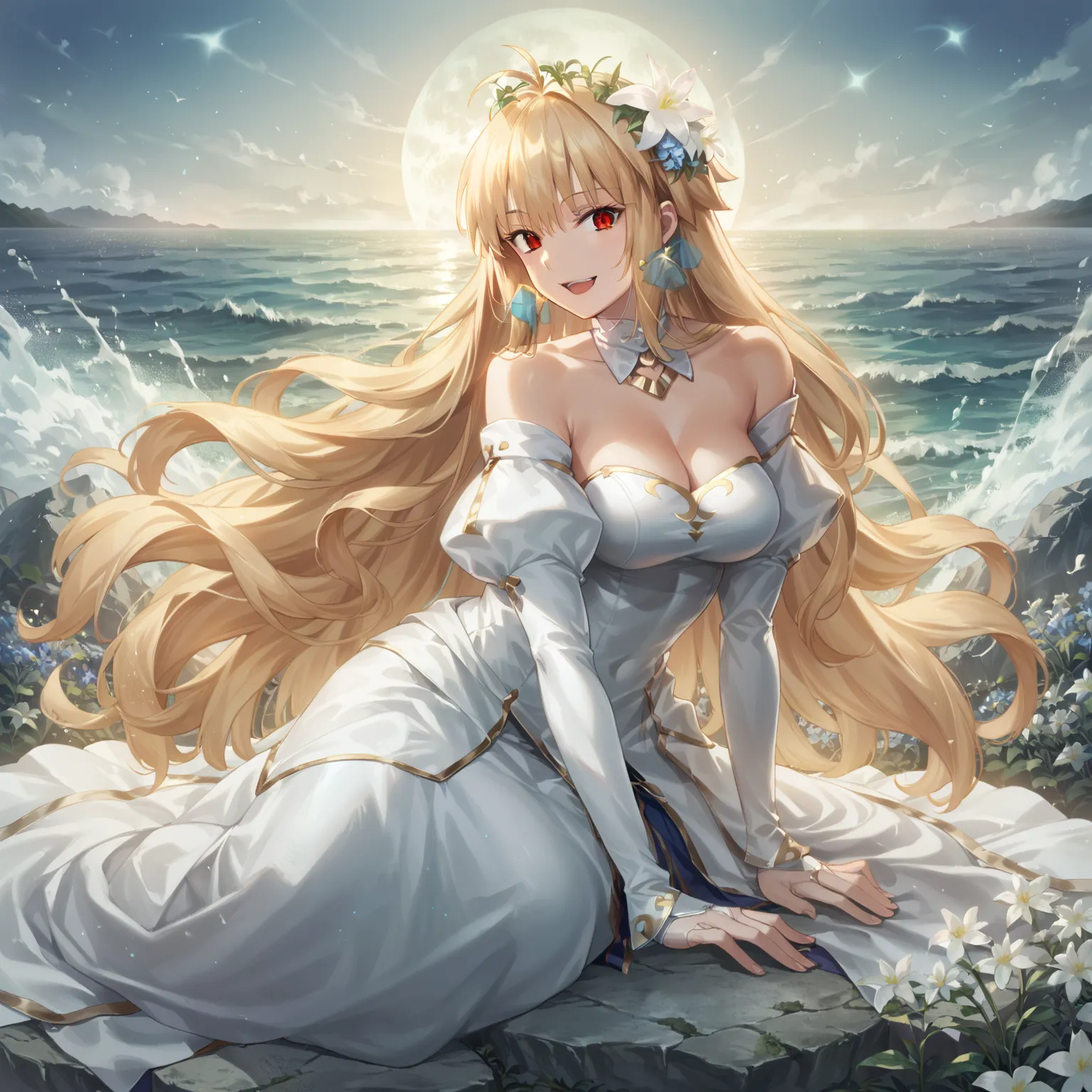 1girl, solo, (arc_1:1.2), long hair, red eyes, (slit pupils:1.1), very long hair, antenna hair, bangs, hair intakes,  dress, detached sleeves, breasts, gloves, blonde hair, bare shoulders, blonde hair, cleavage, detached collar, white gloves, strapless dre...