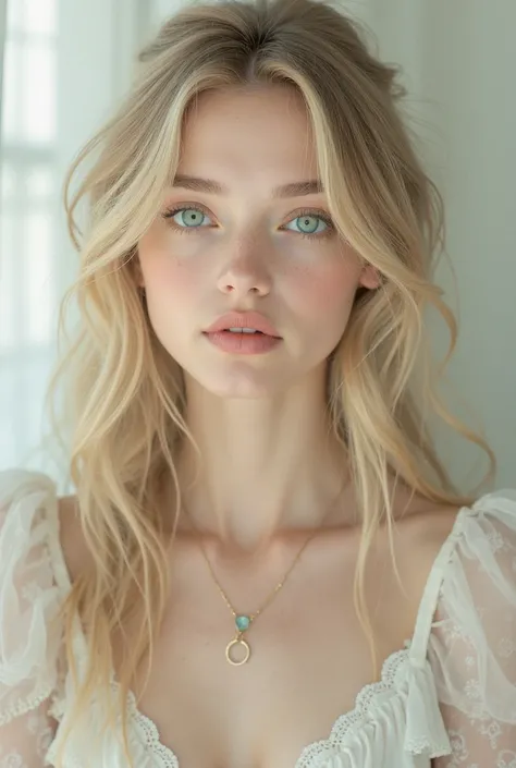 Create me a blonde with light green eyes and white skin from various positions