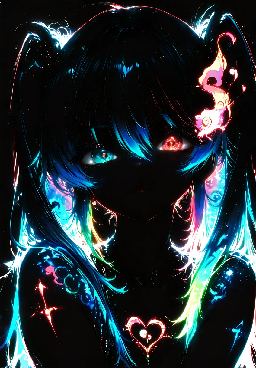 masterpiece, best quality, good quality, newest, highres, absurdres, Hatsune Miku,limited palette,black background,colorful,vibrant,glowing outline,neon,blacklight,looking at viewer, Ethereal Brushstroke,dhjs, melanch0ly, retro anime, (oharu-chan:0.85), (s...