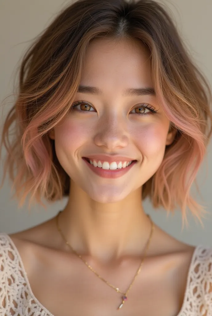 a human beautiful girl with Round, expressive face, with hazel eyes that light up when she smile and short golden-brown bob hair with soft wavy culs and playful peace-pink highlights 