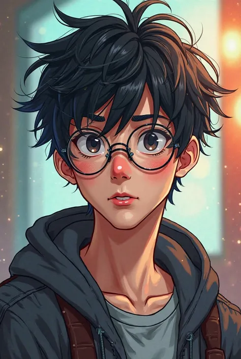 A young man, nerd with messy black hair and black eyes, round glasses. Anime.